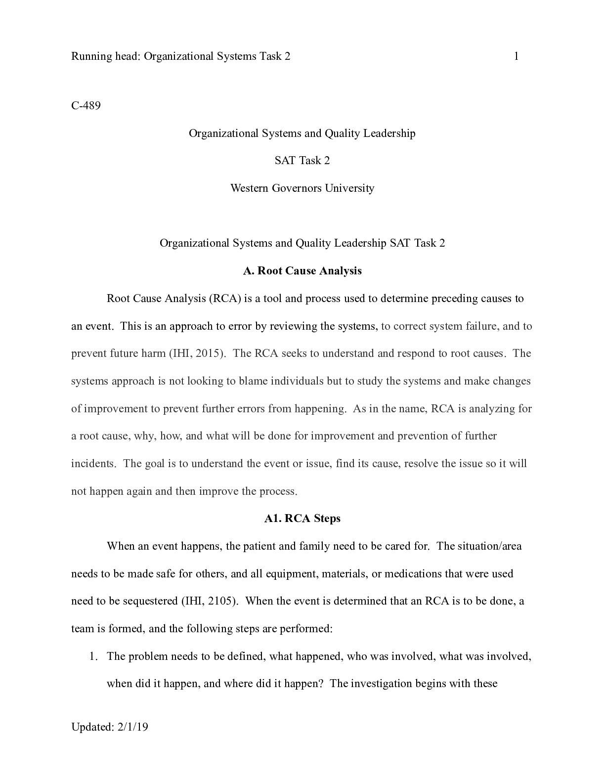 Preview of C489_Task2.docx    C-489  Organizational Systems and Quality Leadership  SAT Task 2  Weste